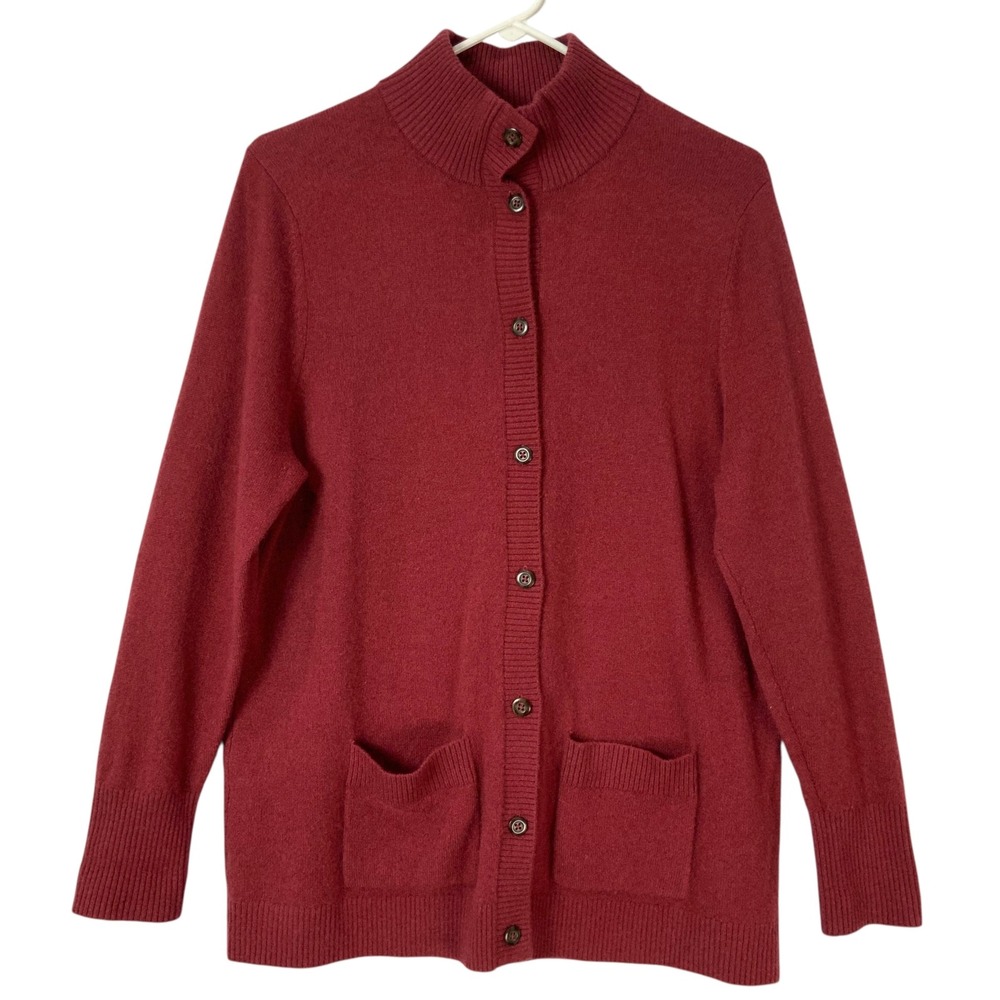 L.L. Bean Red Cashmere Cardigan L Petite Button Mock Neck Long Sleeve Pockets